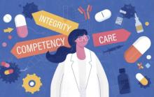 Illustration of scientist with words about scientific integrity around her.