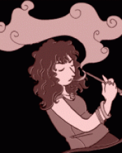 A illustration of a young woman, eyes closed, smoking a hookah. Smoke swirls around her.