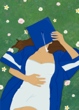 Congrats Grad! illustration of woman in graduation cap and gown lying on grass by Malena Cervantes