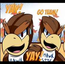 Teaser image for Hawkster comic showing two Hawks saying "Yay!" and "Go Team!"