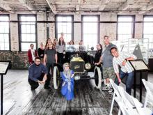 Honors Program students with Ford Model-T at Ford Piquette Avenue Plant Museum field trip. Photo by Rakha “Rose” Albayat