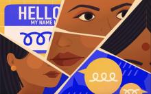 Illustration of name tag and broken up image of face by Vrinda Zaveri courtesy of Medium
