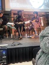Midnight Care Collective founders,Triniti (iii) and saylem mississippi celeste, reading from their “Statement on Care” at the Black Salt Press launch event, Feb. 6, Detroit Public Libary main branch.
