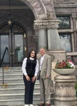 Winner of the Foren Communications Scholarship, Sedra Mourad pictured with John Foren, whose donation to Henry Ford College made the scholarship possible. Mourad and Foren celebrated her winning the scholarship at a lunch at The Whitney in Detroit. 