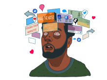 Illustration of person in a daze with swirling apps around his head. Graphics by Lena McDonald