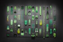 I've Got Bundles and I Got Flewed Out (Green), 2023, Canvas, Kanekelon beads. Tiff Massey 7 Mile + Livernois exhibit photo courtesy DIA