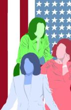 Drawing of women candidates for U.S. president with American flag in the background