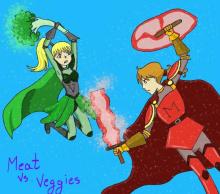 Comic of female dressed in green superhero outfit wielding a broccoli club at a male dressed in red superhero cape with bacon sword and ham shield.