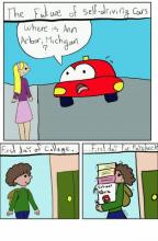 Comic of a smart car asking a blonde woman for directions. 