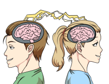 Illustration of man and woman with electrical signals crossing between their brains. Illustration by Youssef Daher