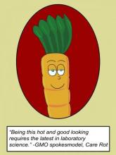Comic of GMO carrot saying his good looks are thanks to laboratory science.