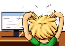 Illustration of student pulling out hair in front of a computer screen.