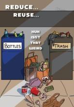 Drawing of garbage and recycling bins with trash in between 