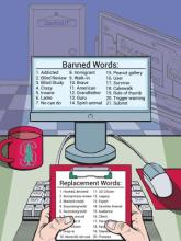 Comic of Stanford University's IT document guiding words to ban from use in the IT community.