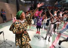 Shashu Amen Ra leads African dance lessons at Concert of Colors festival in Detroit, July 18, 2024. Photo by Daniel Mears, The Detroit News (1)