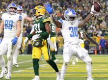 Running back Jamal Williams of the Detroit Lions in 20-16 win over Green Bay, Jan. 8, 2023, in Green Bay, Wis. Photo courtesy NBC Sports