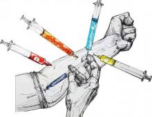 Illustration showing a hand with multiple drug injections representing different social media platforms.