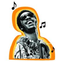 Graphic of Stevie Wonder singing with notes around him by Tiana Floyd