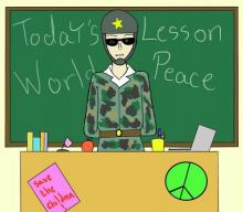Comic of teacher dressed in camouflage and helmet sitting behind a desk with posters about the class lesson on world peace.