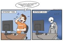 Comic showing student at computer using the Internet then a skeleton by computer with cobwebs.