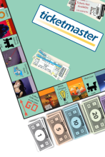 Drawing of Monopoly board with Ticketmaster as the topic. Graphics by Malena Cervantes