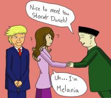 Comic of President Trump and First Lady Melania Trump meeting North Korean leader Kim Jong-un who says "Pleased to meet you Stormy Daniels" to the First Lady.