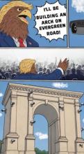Comic of Trumpster Hawk building arch over Evergreen Road, Henry Ford College, Dearborn, Michigan