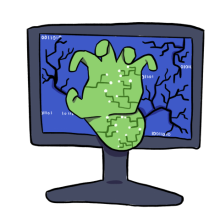 animated tv with a green zombie hand coming out of the screen.