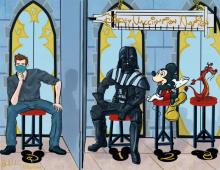 Comic of patient choosing which Disney character to give him the COVID-19 vaccine at Disney's new vaccination station.