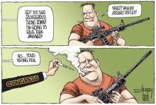 Comic depicting a hand labelled "Congress" taking away a vape pen from a man holding an assault rifle