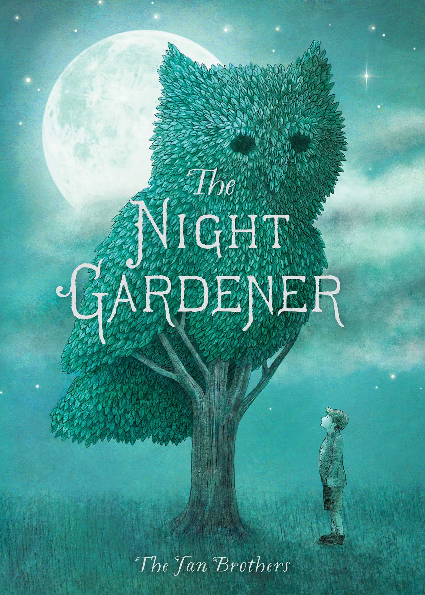 The cover of the book, "The Night Gardener" features a boy looking up at a tree who's canopy is shaped like an owl. It is cast in moonlight.