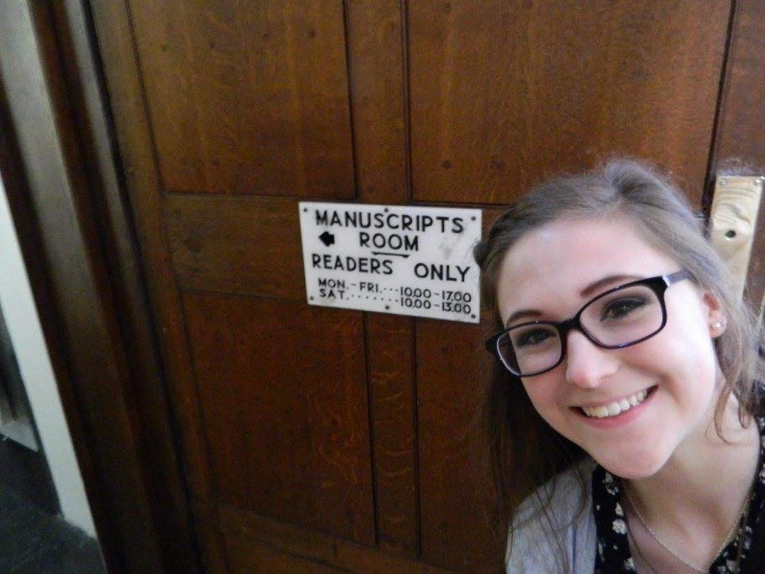 Sophia Hart at entrance to Reading Room where she studied the Book of Kells.